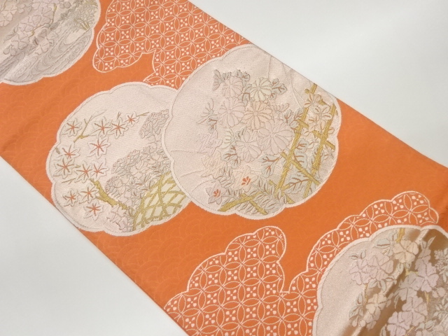 変わり丸文に花々・七宝模様織出し袋帯